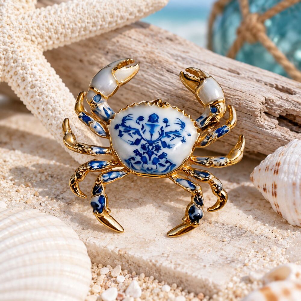 Blue White Porcelain Style Crab Brooch Gold Tone Figural Pin 2"